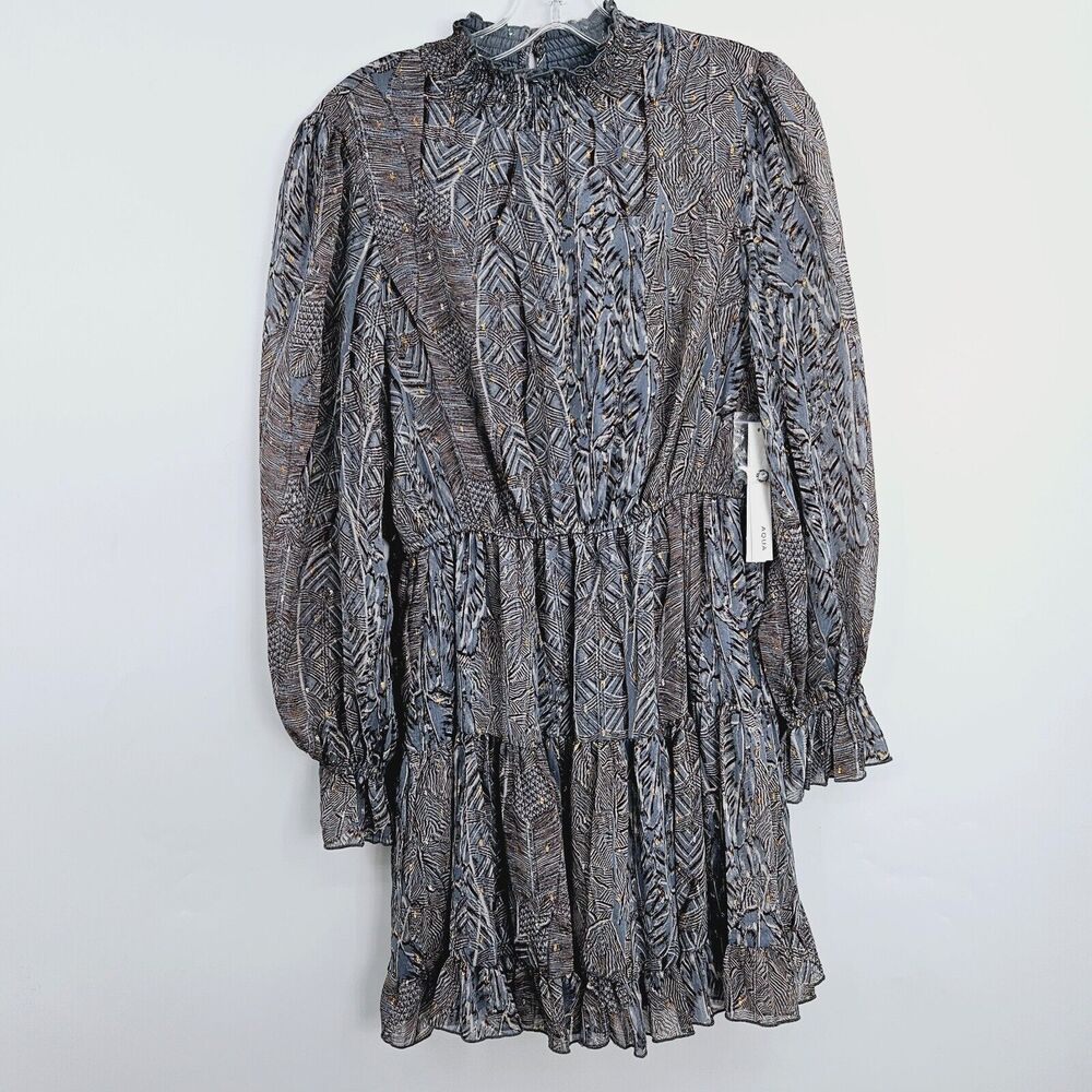 Aqua Mock Neck Ruffled Short Dress Medium Sheer Long Sleeves Lined Cocktail